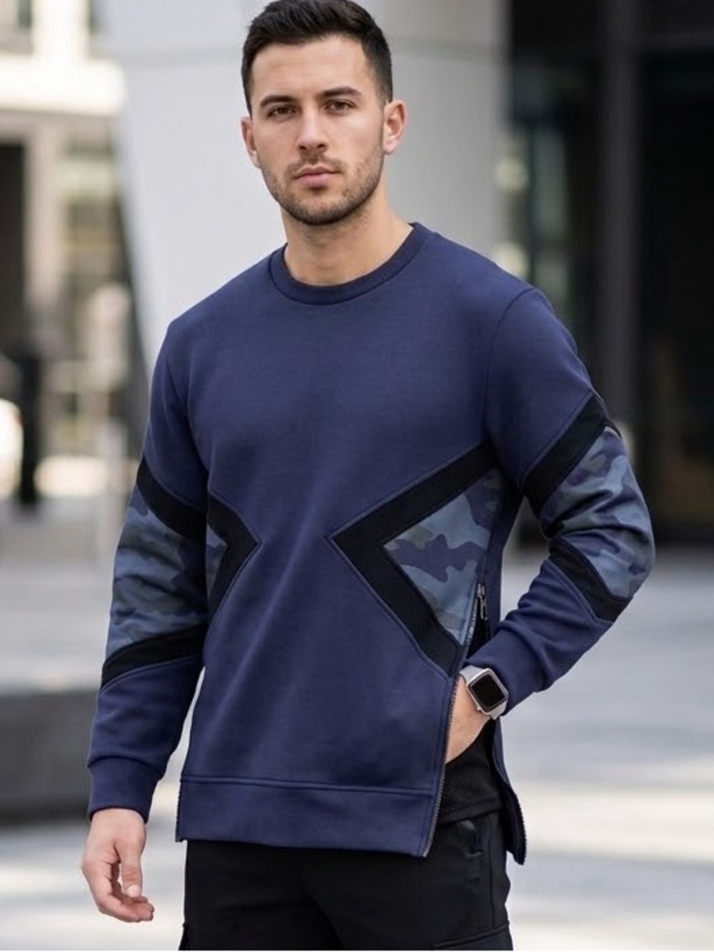 Neil Barrett Dark Navy Contrast Paneled Sliced Scuba Crew Neck Sweatshirt Size S